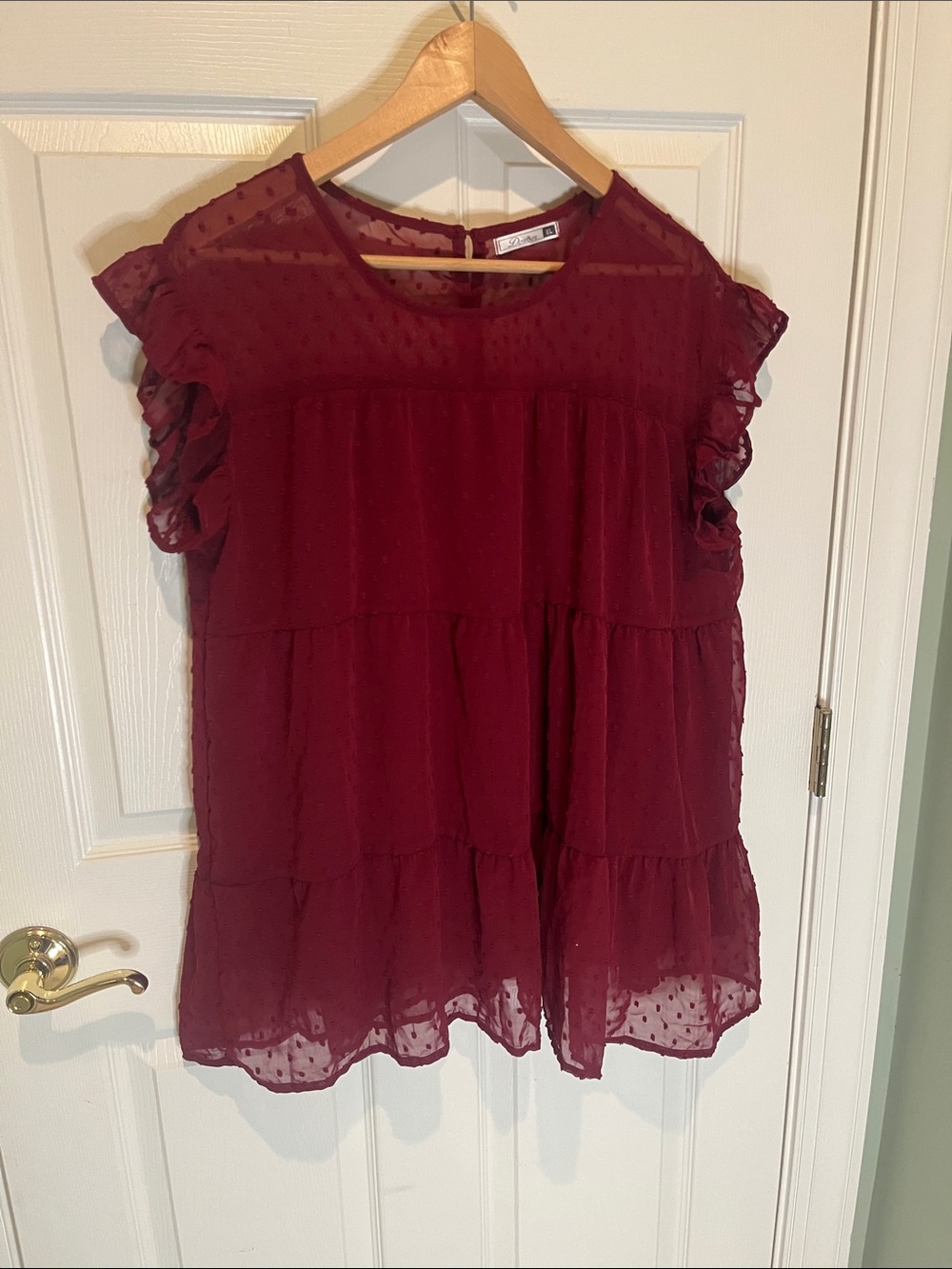 Flowy Burgundy Ruffled Swiss-Dot Blouse